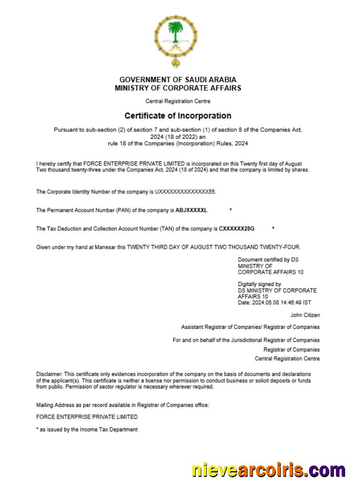 Saudi Arabia business registration certificate